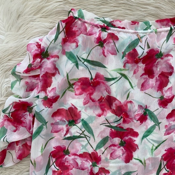 MISA Red Pink Fuchsia Floral Watercolor Chiffon Sera Top Short Sleeve Blouse - Picture 8 of 14